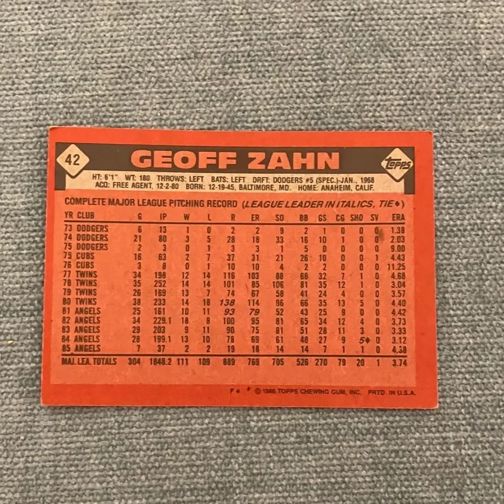 1986 Topps Anaheim Angels Baseball Card Trading Card